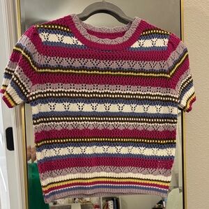 Multicolor Striped Knit Short Sleeve Sweater